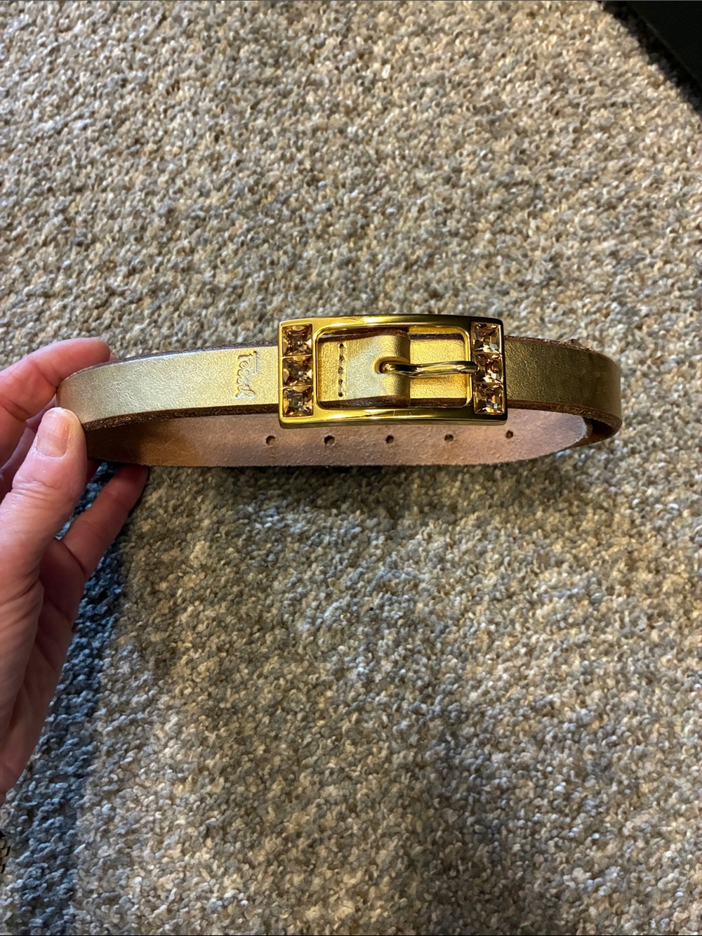 Vintage Fossil Gold Womens Skinny Leather Belt with Gemstone Buckle Sz M